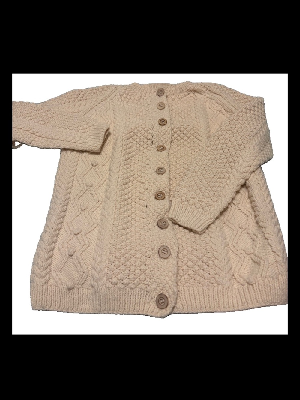 Hand Knit Aran Cable Knit Cardigan Sweater Ivory Cream Large - Picture 3 of 4
